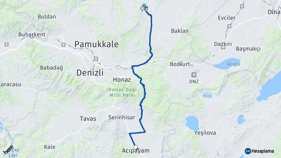 Denizli Çal Acıpayam Arası Kaç Km - Yol Haritası