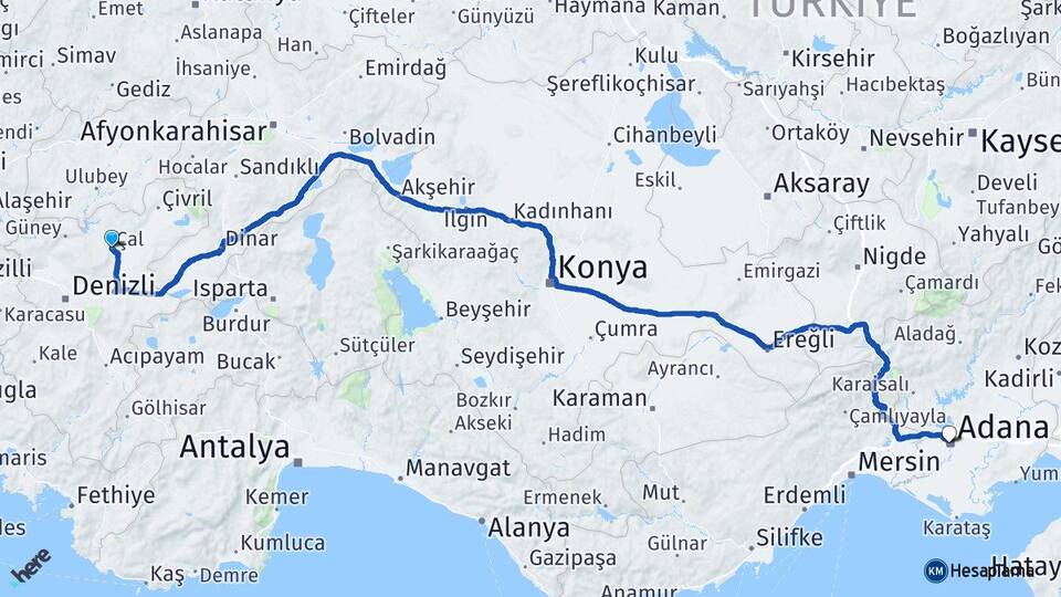 Denizli Çal Adana Arası Kaç Km - Yol Haritası