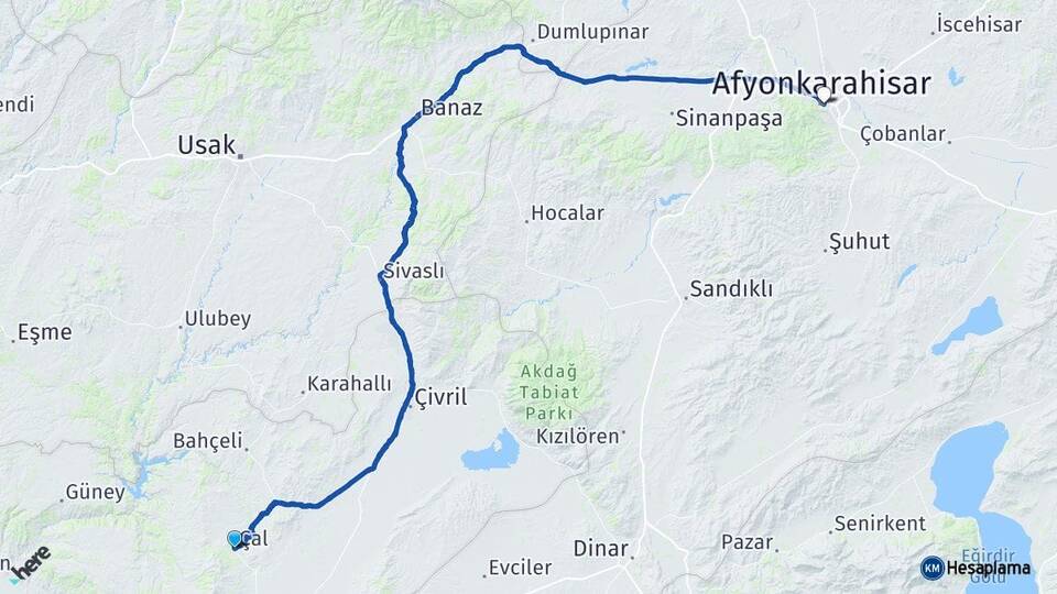 Denizli Çal Afyonkarahisar Arası Kaç Km - Yol Haritası