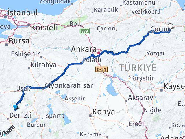 Denizli Çal Amasya Arası Kaç Km - Yol Haritası