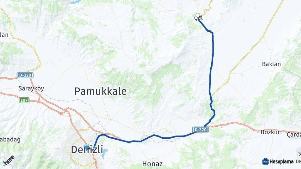Denizli Çal Arası Kaç Km - Yol Haritası