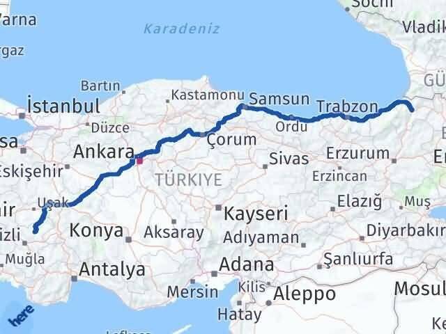 Denizli Çal Artvin Arası Kaç Km - Yol Haritası