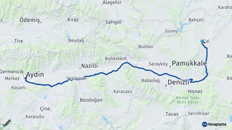 Denizli Çal Aydın Arası Kaç Km - Yol Haritası