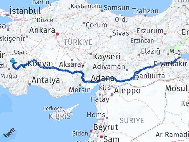 Denizli Çal Bitlis Arası Kaç Km - Yol Haritası