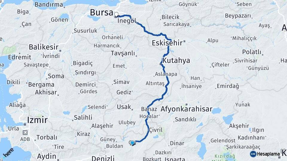 Denizli Çal Bursa Arası Kaç Km - Yol Haritası