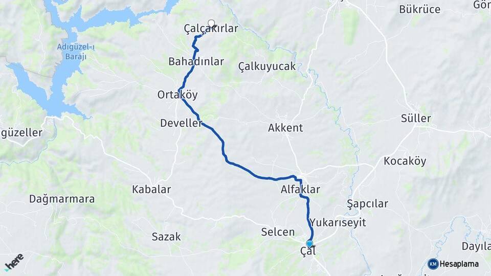Denizli Çal Çalçakırlar Çal Arası Kaç Km - Yol Haritası