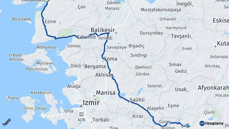 Denizli Çal Çanakkale Arası Kaç Km - Yol Haritası