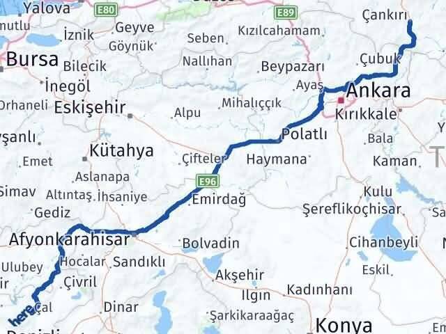 Denizli Çal Çankırı Arası Kaç Km - Yol Haritası