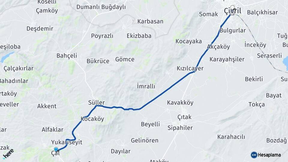 Denizli Çal Çivril Arası Kaç Km - Yol Haritası