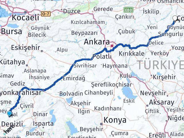 Denizli Çal Çorum Arası Kaç Km - Yol Haritası
