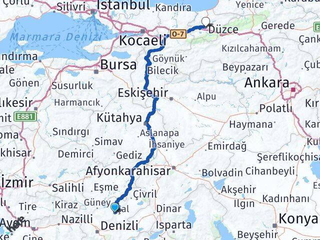 Denizli Çal Düzce Arası Kaç Km - Yol Haritası