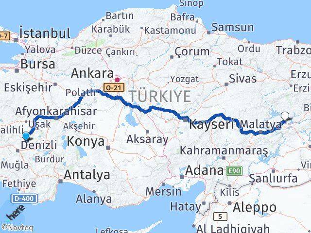 Denizli Çal Elazığ Arası Kaç Km - Yol Haritası