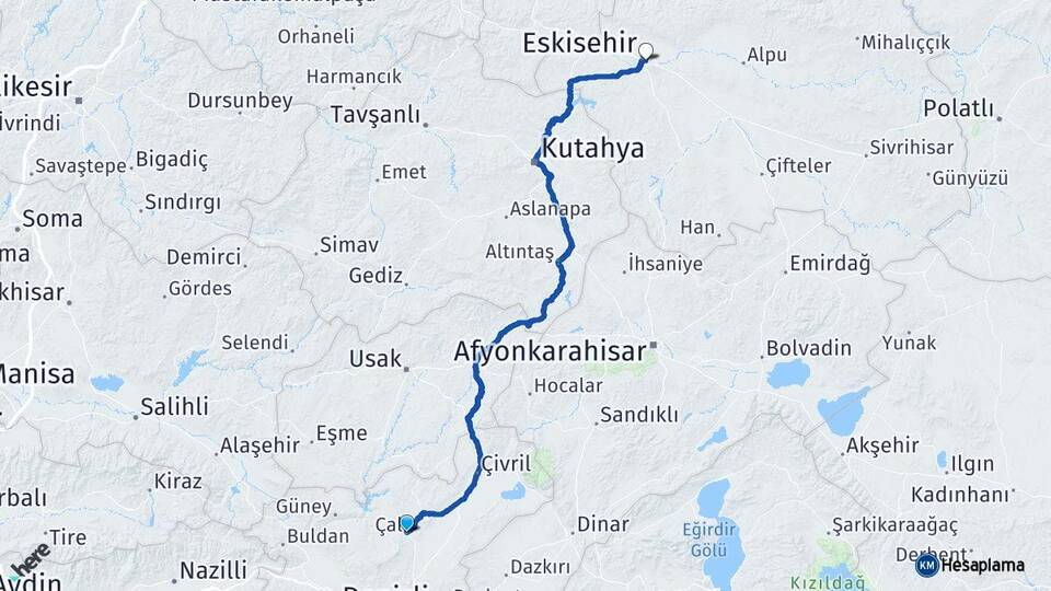 Denizli Çal Eskişehir Arası Kaç Km - Yol Haritası