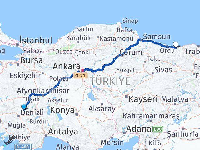 Denizli Çal Giresun Arası Kaç Km - Yol Haritası