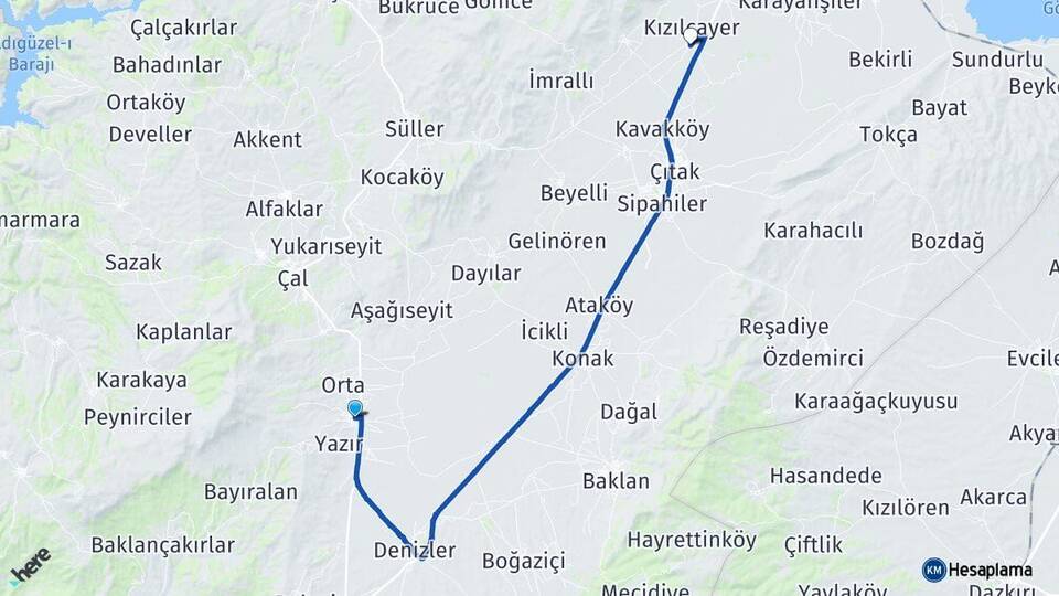 Denizli Çal İsabey Yassıhüyük Çivril Arası Kaç Km - Yol Haritası