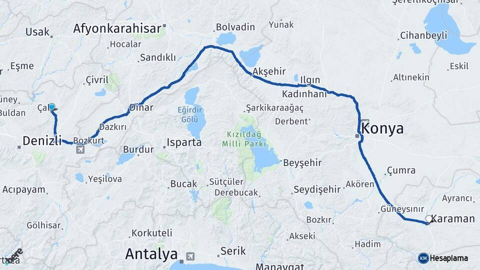 Denizli Çal Karaman Arası Kaç Km - Yol Haritası