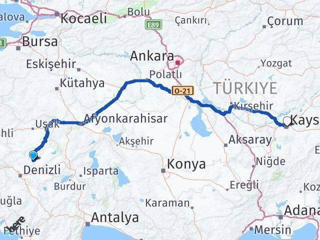 Denizli Çal Kayseri Arası Kaç Km - Yol Haritası