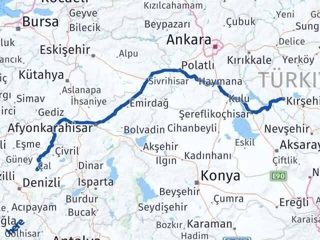 Denizli Çal Kırşehir Arası Kaç Km - Yol Haritası