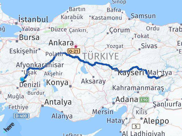Denizli Çal Malatya Arası Kaç Km - Yol Haritası