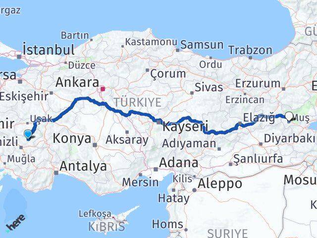 Denizli Çal Muş Arası Kaç Km - Yol Haritası