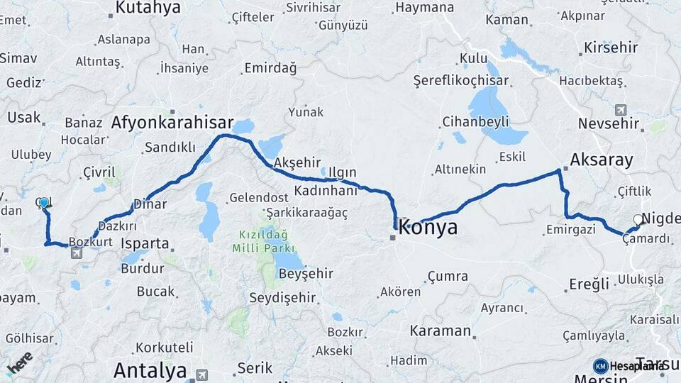 Denizli Çal Niğde Arası Kaç Km - Yol Haritası