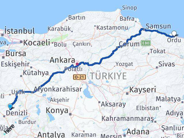 Denizli Çal Ordu Arası Kaç Km - Yol Haritası