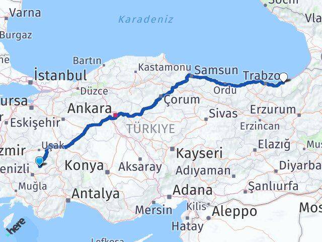 Denizli Çal Rize Arası Kaç Km - Yol Haritası
