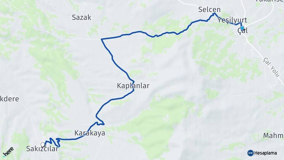 Denizli Çal Sakızcılar Çal Arası Kaç Km - Yol Haritası