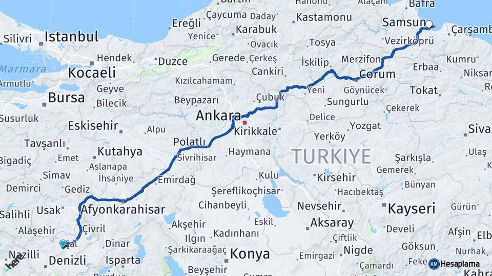 Denizli Çal Samsun Arası Kaç Km - Yol Haritası