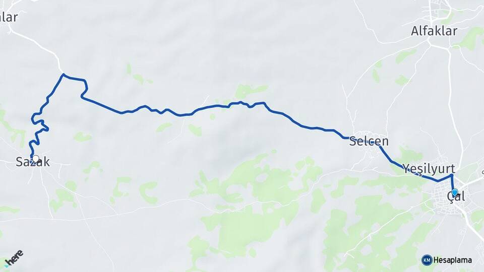 Denizli Çal Sazak Çal Arası Kaç Km - Yol Haritası
