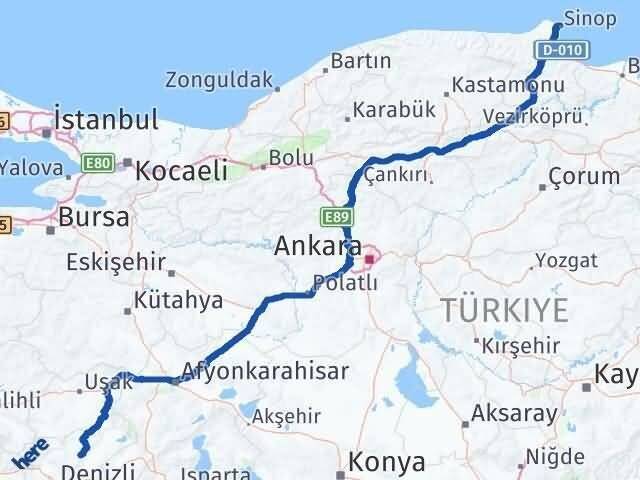 Denizli Çal Sinop Arası Kaç Km - Yol Haritası