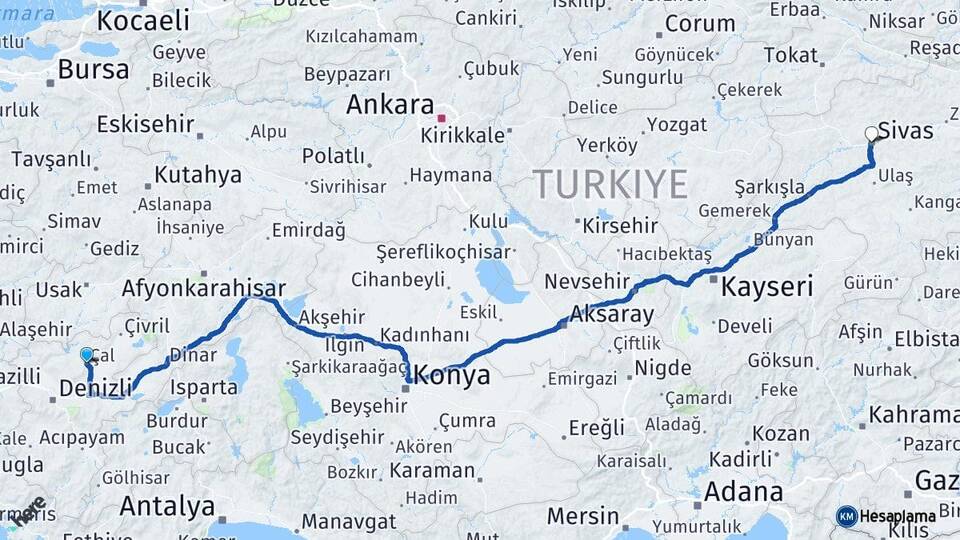 Denizli Çal Sivas Arası Kaç Km - Yol Haritası