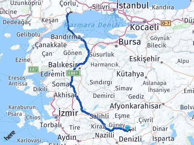 Denizli Çal Tekirdağ Arası Kaç Km - Yol Haritası