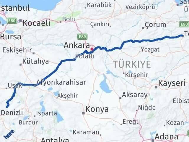 Denizli Çal Tokat Arası Kaç Km - Yol Haritası