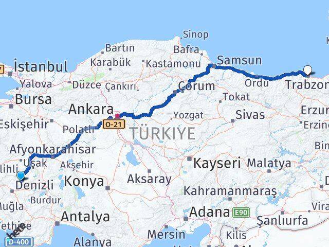 Denizli Çal Trabzon Arası Kaç Km - Yol Haritası