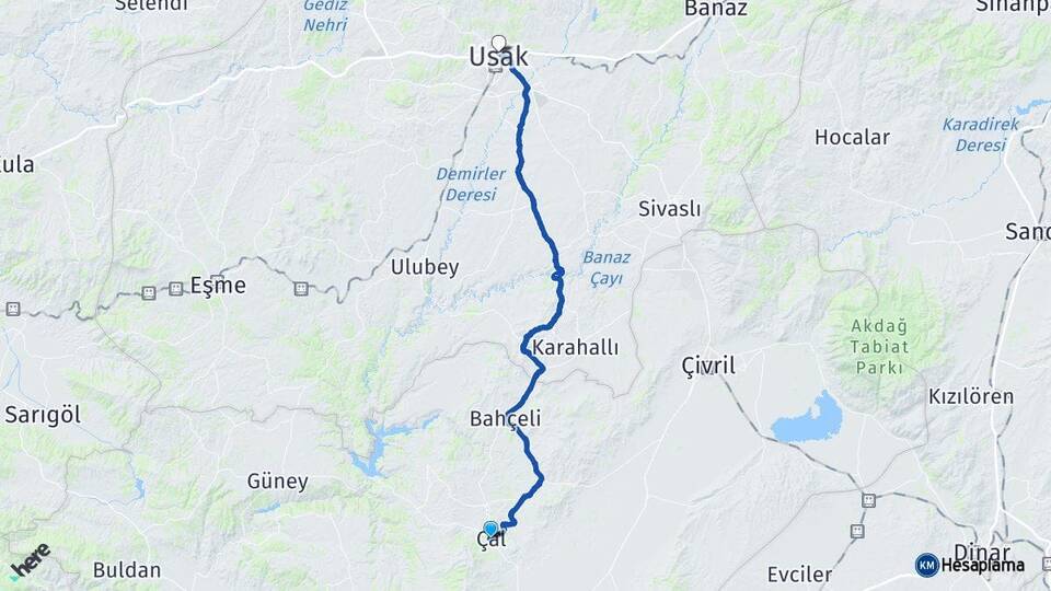 Denizli Çal Uşak Arası Kaç Km - Yol Haritası