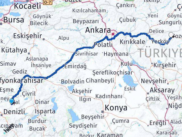 Denizli Çal Yozgat Arası Kaç Km - Yol Haritası