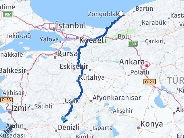 Denizli Çal Zonguldak Arası Kaç Km - Yol Haritası