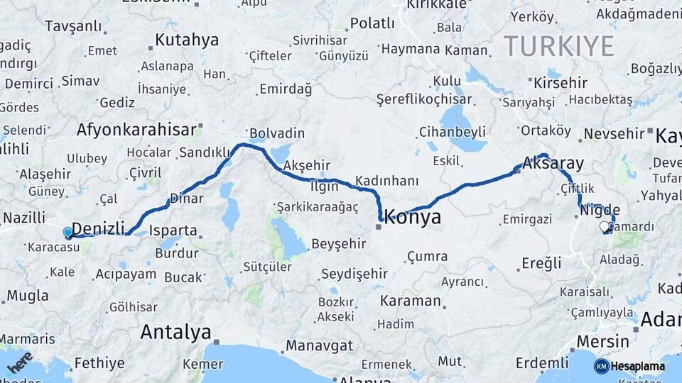 Denizli Çamardı Niğde Arası Kaç Km - Yol Haritası