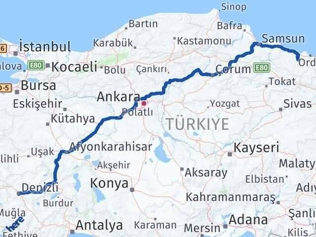 Denizli Çamaş Ordu Arası Kaç Km - Yol Haritası
