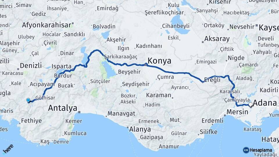Denizli Çameli Adana Arası Kaç Km - Yol Haritası