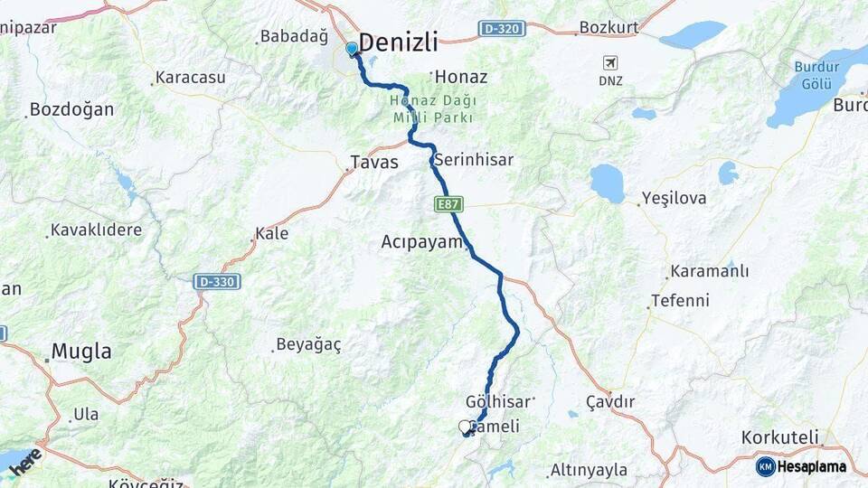 Denizli Çameli Arası Kaç Km - Yol Haritası