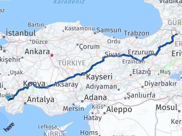 Denizli Çameli Ardahan Arası Kaç Km - Yol Haritası