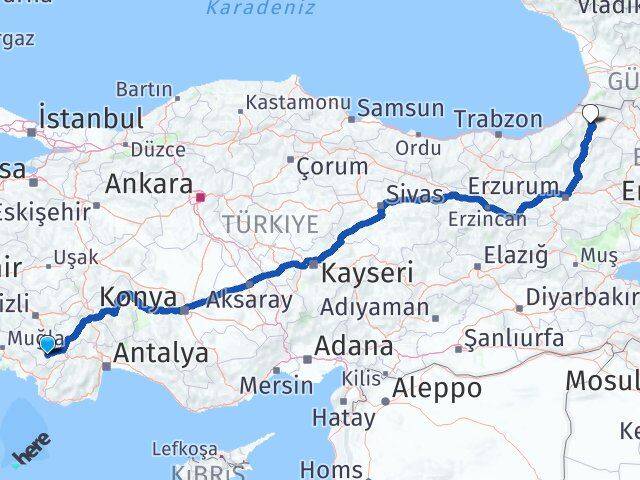 Denizli Çameli Artvin Arası Kaç Km - Yol Haritası