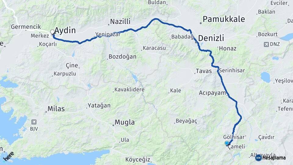 Denizli Çameli Aydın Arası Kaç Km - Yol Haritası