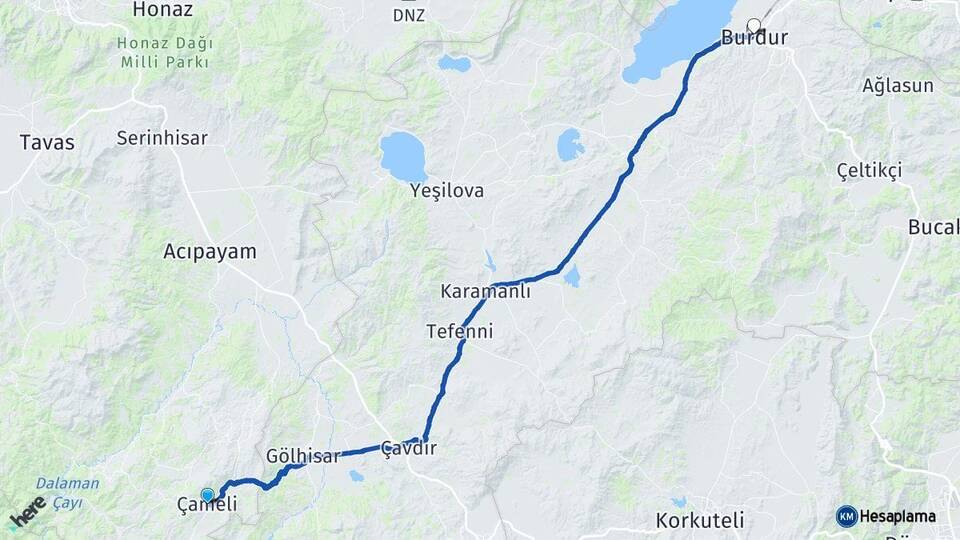 Denizli Çameli Burdur Arası Kaç Km - Yol Haritası