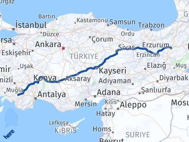Denizli Çameli Erzurum Arası Kaç Km - Yol Haritası