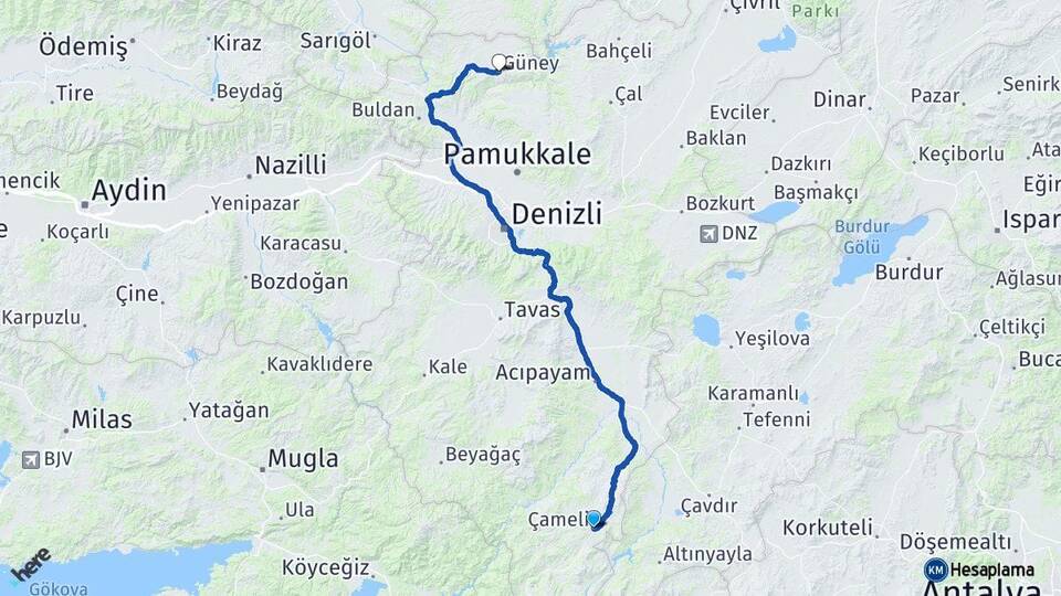 Denizli Çameli Güney Arası Kaç Km - Yol Haritası