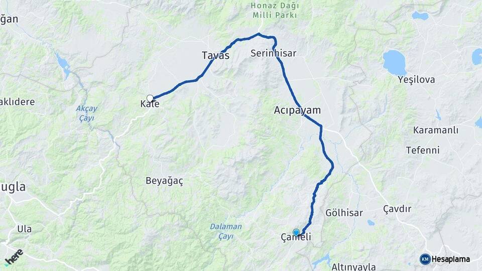 Denizli Çameli Kale Arası Kaç Km - Yol Haritası