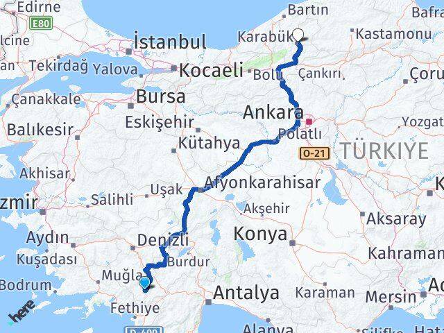Denizli Çameli Karabük Arası Kaç Km - Yol Haritası